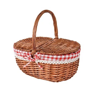 Woven Wicker Picnic Basket with Double Lids and Handle with Washable Lining - Picture 1 of 13