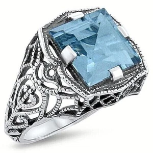 DECO ANTIQUE STYLE 925 STERLING SILVER 4.5 CARAT SIMULATED AQUAMARINE RING 317Z - Picture 1 of 1