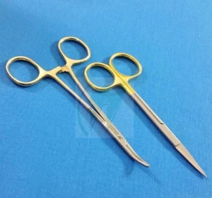 GOLD HANDLE MOSQUITO HEMOSTAT CURVED 5" + IRIS DISSECTING SCISSORS 4.5" STRAIGHT - Picture 1 of 9