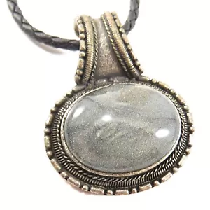 "Collar colgante de piedra lunar sintética vintage cuero negro tono plateado - 18" - Imagen 1 de 6