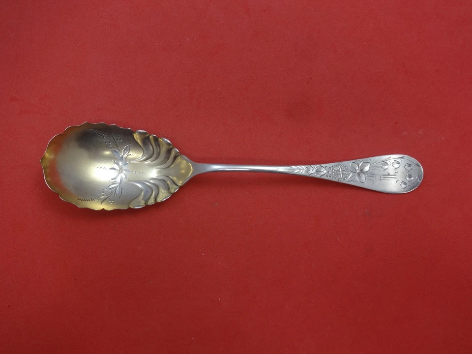 Antique Lily Engraved by Lunt Sterling Silver Berry Spoon Goldwashed Brite-Cut - Image 1 of 1