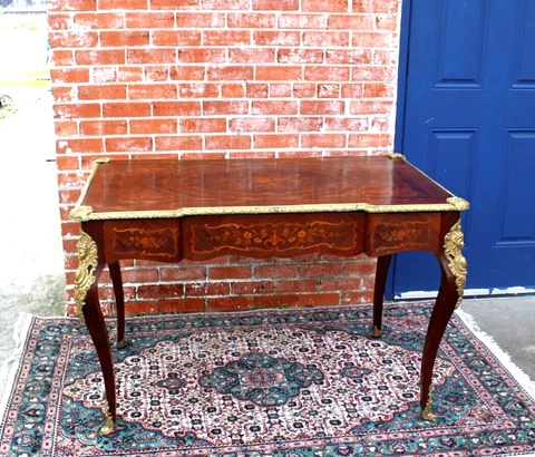 French Marquetry King Wood Louis XV Style Writing Desk With Glass Top Cover