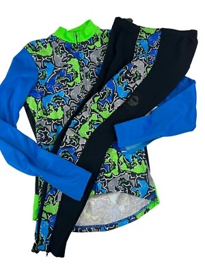 Pearl Izumi Black Blue Abstract Zip Jacket Pants Cycling Set ~M Japan VTG 90's - Image 1 of 4