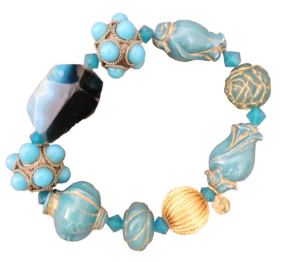Tarina Tarantino bracelet aqua cabochon clusters blue flowers large stone bead - Image 1 of 4