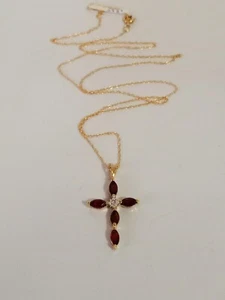 10kt gold Garnet Marquise Cut Diamond Cross Pendant Necklace 18" - Picture 1 of 6