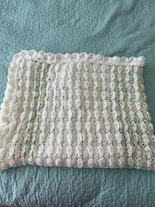 Crocheted Baby Blanket Handmade Soft Pastel Colors White Pink Blue 42"x 31" - Picture 1 of 4