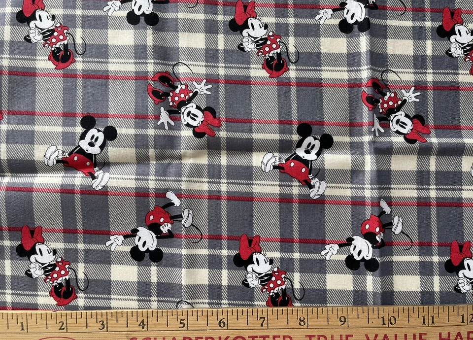 Tina Scrap 13.5"x43" Disney Mickey & Minnie Mouse Plaid  Red Gray Cotton Fabric - Image 1 of 3