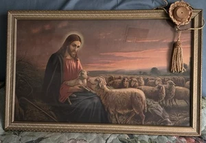 Antique Giovanni The Good Shepherd Jesus Sheep Lithograph Print C 1940s w Hanger - Picture 1 of 21