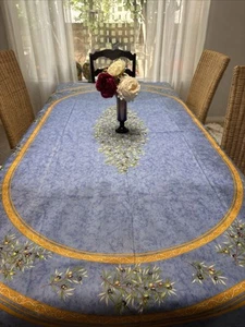 Tissus Toselli France Tablecloth Olive Floral 60x98 Blue Waterproof Rectangle - Picture 1 of 5