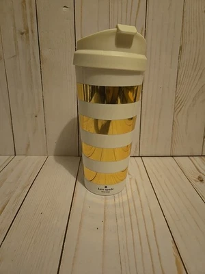 Kate Spade Travel Cup Tumbler with Lid Gold Stripe Off-White Cream BPA Free - Image 1 of 2