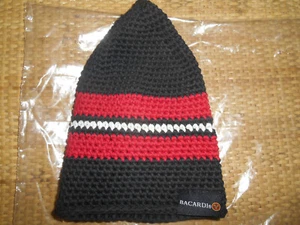 BACARDI CROCHET STRIPED BEANIE - NEW- Black/Red/White Hat - 10.5" Diameter - Picture 1 of 5