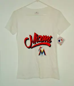 Women's MLB Miami Marlins Baseball Team Logo Graphic V-Neck T-Shirt Size Small - Picture 1 of 4