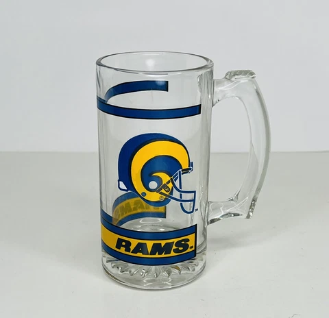 Vtg NFL Rams Glass Mug Football St. Louis Los Angeles 12oz Throwback Helmet Beer Cover