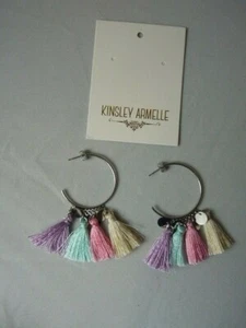 Kinsley Armelle Earrings Multi Colored Tassels Silver Metal Hoops Pierced NWT - Picture 1 of 3