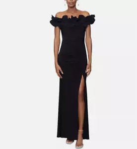 Xscape Black Ruffle Off the Shoulder Scuba Crepe Gown Size 12 $258 New With Tags - Picture 1 of 12