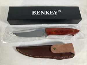 Benkey Fixed Blade Hunting Camping Knife w Leather Sheath Wood Handle NEW IN BOX - Picture 1 of 11
