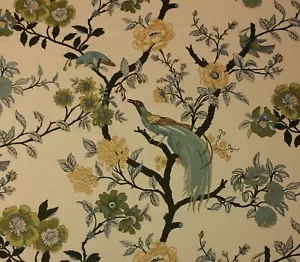 BALLARD DESIGNS WILLA PARCHMENT FLORAL EXOTIC BIRD HIGHEND FABRIC BY YARD 54"W - Picture 1 of 6