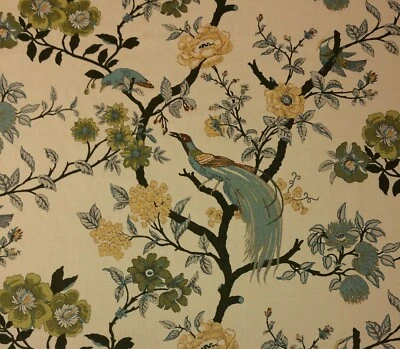 BALLARD DESIGNS WILLA PARCHMENT FLORAL EXOTIC BIRD HIGHEND FABRIC BY YARD 54"W - Image 1 of 4