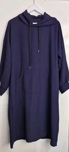 Womens Light Hooded Navy Midi Dress Casual Kangaroo Pockets Size L Womens Dress - Picture 1 of 9