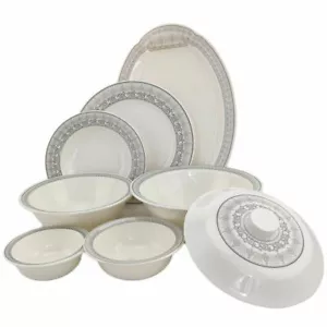 Melamine White Pattern Design Plates Bowls Lids Set 100% Double Glazed - Picture 1 of 20