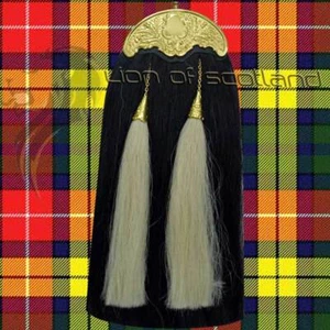 Scottish Piper kilt Sporran Long Horse Hair Black Thistle Cantle Golden Sporrans - Picture 1 of 3