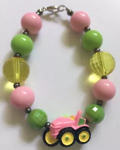 New! Tractor Bracelet Custom Made Boutique Bead Bracelet 10in Pink Green Yellow  - Picture 1 of 5