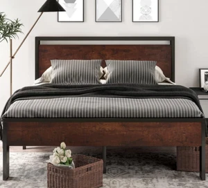 Queen Size Metal Platform Bed Frame/Wooden Headboard and Footboard, No Box Spri - Picture 1 of 12