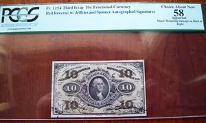 FR.1254 (3rd Issue) 10 cent AUTOGRAPHED, JEFFRIES - SPINNER (PCGS - CH.AU 58) - Picture 1 of 2