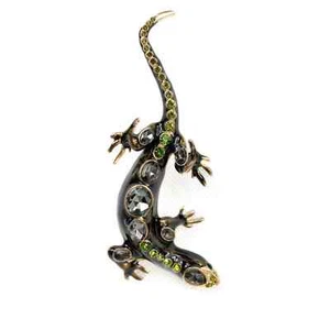 Fashion Lizard Pendant or Pin w green & smoky clear rhinestones on toned alloy - Picture 1 of 9