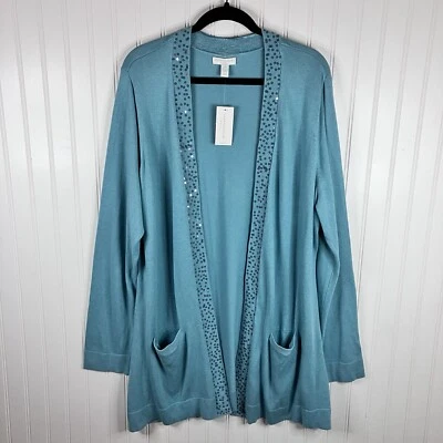 Suéter Cárdigan Largo Charter Club Mezcla Lana Lentejuelas Frente Abierto Talla 3X Azul Foto 1 de 4