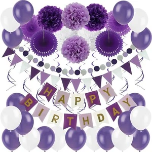 Happy Birthday Decoration Set- Paper Fans, Pom Poms, Banner, Swirls & Balloons - Picture 1 of 7