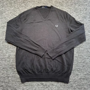 Fred Perry Jumper Mens Large Black V Neck Merino Wool Blend Tight Knit Mods - Picture 1 of 8