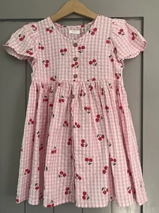 Girls Pink & White Gingham Cherry Print Short Sleeve Dress - Picture 1 of 3