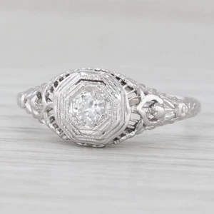 Art Deco 0.11ct Solitaire Filigree Engagement Ring 18k White Gold Size 8.25 - Picture 1 of 10