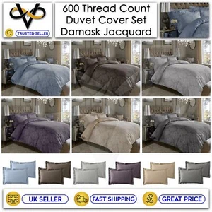 Luxury 600TC Damask Jacquard Duvet Cover Set Cotton Rich Bedding & Pillowcases - Picture 1 of 7