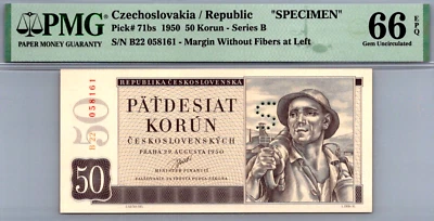 Czechoslovakia 50 Korun 1950 " SPECIMEN " PMG 66 EPQ GEM UNC P# 71bs - Image 1 of 3