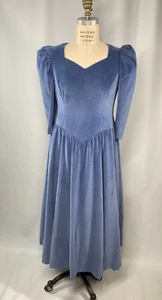 Vintage Dress SIZE LARGE blue cotton velvet handmade 80s cottage princess - Picture 1 of 14