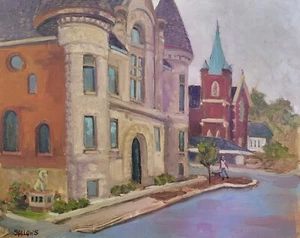 Pintura al óleo arte original Kokomo Indiana City Building 16x20 salucas al aire libre - Imagen 1 de 7