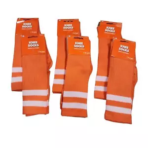 Unisex Knee High Tube Socks Orange White Stripe 6 Pair Ages 14+ Soccer Costume - Picture 1 of 6