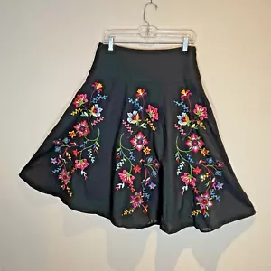 Carole Little Sz 8 Black Linen Blend Flared Midi Skirt Floral Embroidery Zipper - Picture 1 of 17