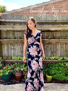 Vintage Laura Ashley Black & Dusky Pink Pure Silk Maxi Dress Size 8 - Picture 1 of 4