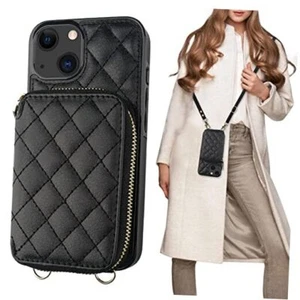 Crossbody Wallet Case for iPhone 13, RFID Blocking PU Leather Zipper Black - Picture 1 of 7