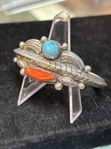 Vintage 1970s Sterling Signed Mary S Lew Navajo Turquoise Coral Cuff Bracelet - Picture 1 of 12
