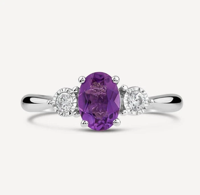 Simulated Purple Amethyst & White Moissanite 950 Platinum Three-Stone Chic Ring - Image 1 of 4