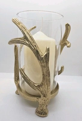 Candelabro de vidrio con cuerno de ciervo dorado para huracanes con patas con vela sin marca Foto 1 de 4