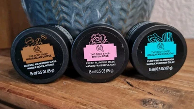The Body Shop Face Mask 15ml British Rose Himalyan Charcoal Nicaraguan Coffee X3 - Image 1 of 3