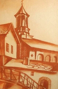 Vintage pastel painting landscape church monastery - Picture 1 of 10