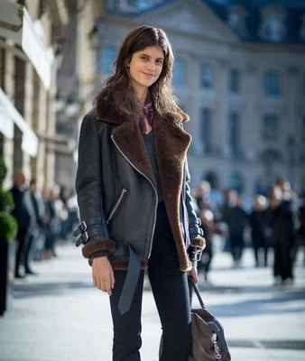 Women's Dark Brown Fur Real Sheep Leather Jacket - Black Winter Coat for Women - Image 1 of 4