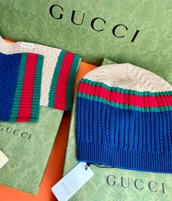 Gucci Hombre Grande Bufanda y Sombrero Tejido 100% Lana Azul Verde Rojo Beige Nuevo Italia Foto 1 de 4