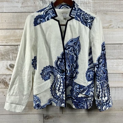 Chicos 100% Linen Open Blazer Jacket Large White Blue Paisley Coastal Vacation - Image 1 of 4